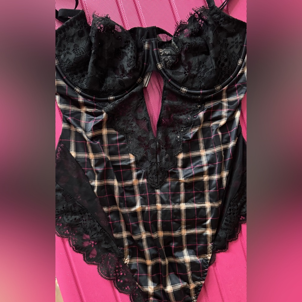 Victoria’s Secret Black Plaid Lace Bodysuit with Pink & Cream Accents